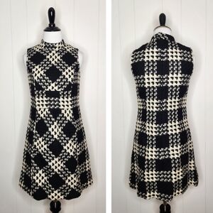 Anna Sui Black & White Wool Houndstooth Sleeveless Dress XS
